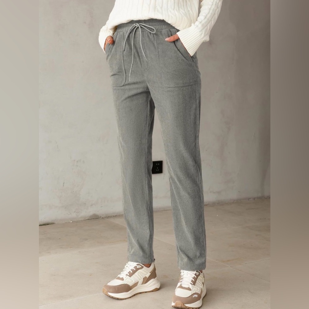 Gray Corduroy Pants Drawstring Casual Straight Leg Pockets Medium